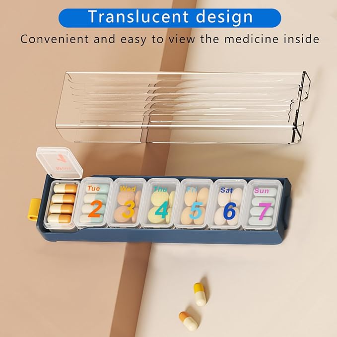 7 Day Pill Organizer, Large Capacity Weekly Pill Organizer, Pill Box Organizer with Separate compartments for Daily Medication Storage and Travel use (Blue)