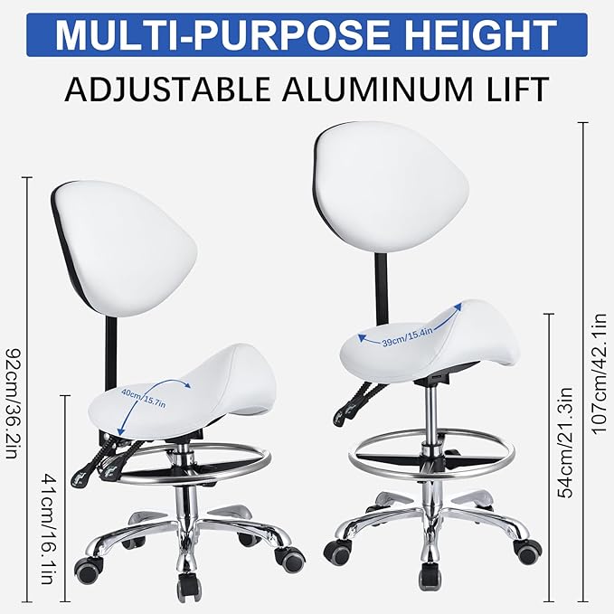 Saddle Stool with Adjustable Backrest and Footrest, Hydraulic Height Swivel Saddle Chair Ergonomic Rolling Stool with Wheels, Heavy Duty SaddleChair for Beauty Salon Spa Dentist tattooshop (White)