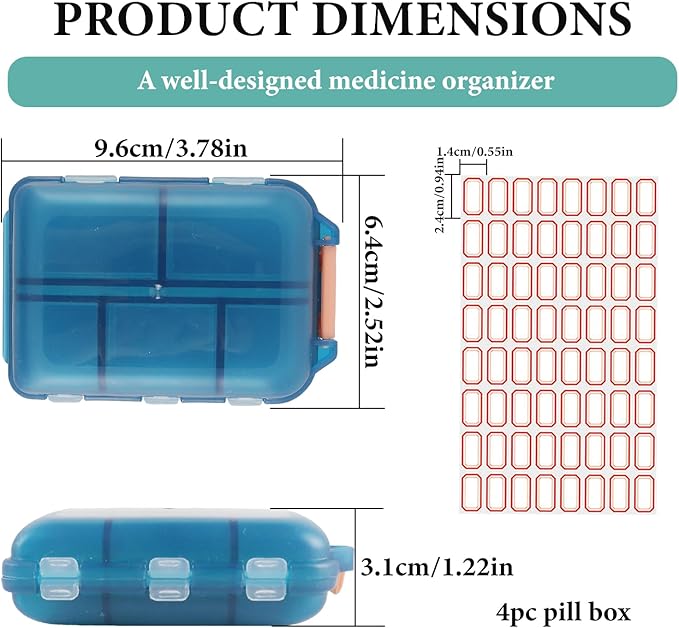 4Pack Travel Pill Organizer - 10 Compartments Pill Case with 64 Stickers, Pill Organizer 2 Times A Day, 20 Days Portable Compartments for Vitamins, Fish Oils, Supplements(Green)