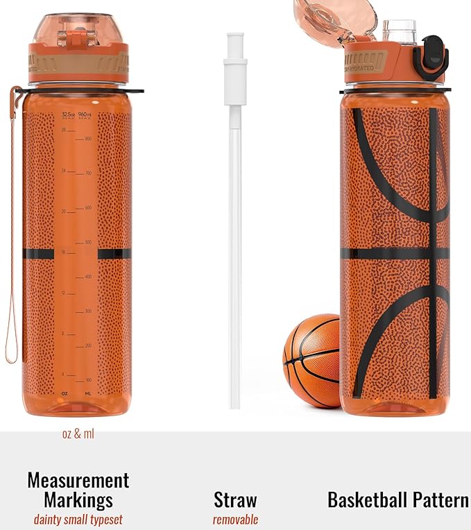 32oz/1L Sport Water Bottle, Light Tritan, Quick-Open Chug Lid/Straw 2-in-1, Leak-Proof, Dishwasher-Safe, BPA-Free, Drop-Resist & Scratch-Resist for Travel/Gym/Office/Fan Gift (Basketball)