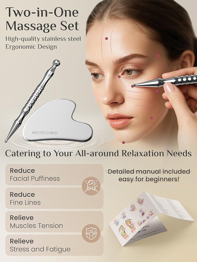 Rena Chris Acupuncture Pen, Manual Reflexology Tools for Muscle Tension and Pain Relief, Acupressure Pen and Stainless Steel Gua Sha Set with Reflexology Chart, Easy to Use