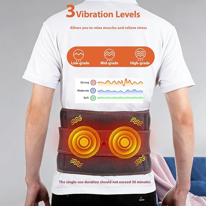 Lower Back Massager with Heat, Heating Pad for Back, Stomach Heating Pad, Cordless Portable Waist Massage Belt with Heat Vibration 3 Levels Adjustable, Touchscreen Control, Adjustable Size (Grey)