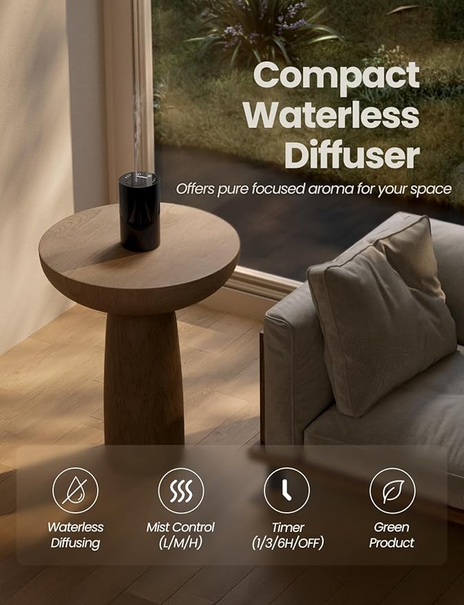 Waterless Essential Oil Diffuser, Portable Aromatherapy Diffuser with 20mL Capacity, Battery Operated Mini Scent Diffuser,3 Mist Levels & Timers, Leak-Free, for Home, Car, Office (Black)