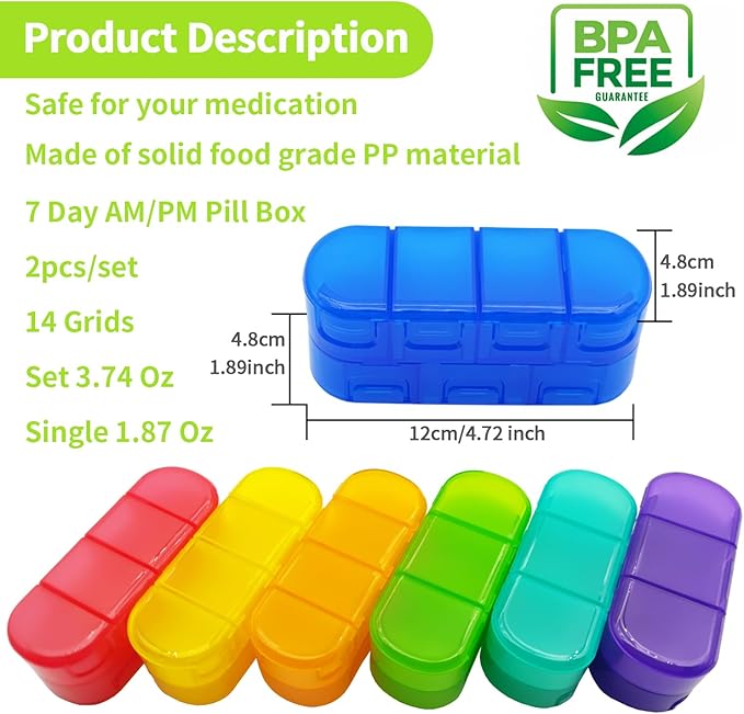 Weekly (7 Days) Pill Organizer Travel, Double-Sided Opening Design, 2/3/4 Times a Day, Portable Pill Box for Storing Fish Oils/Supplements/Medication/Vitamins（2 PC Red）