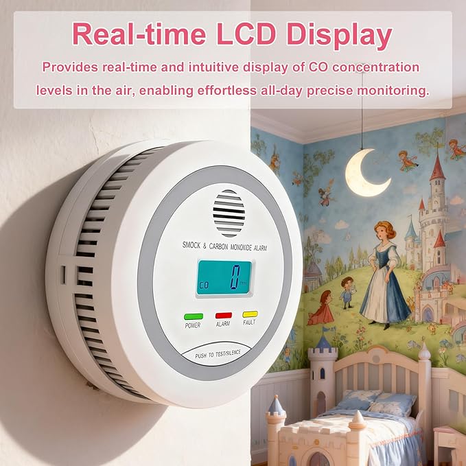 Smoke and Carbon Monoxide Detector, 2-in-1 Combo Alarm, Battery Operated Smoke Detector & CO Alarm with LCD Display, Dual Sensor Smoke Alarm &CO Sensor, Easy to Install,85db Sound