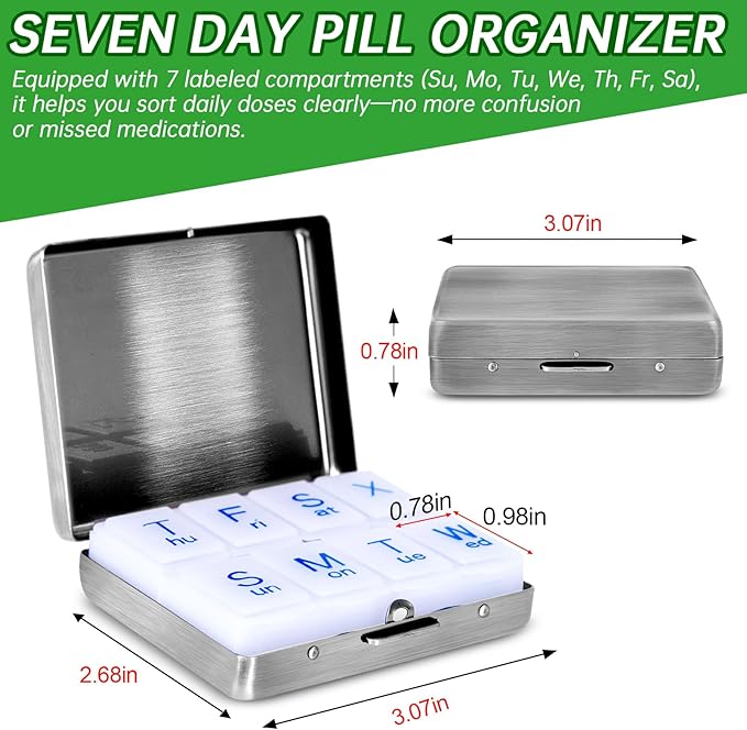 Portable Metal Travel Pill Organizer (7 Days a Week), Large Capacity 8 Compartments, BPA-Free (M-Antique Silver, Medium)