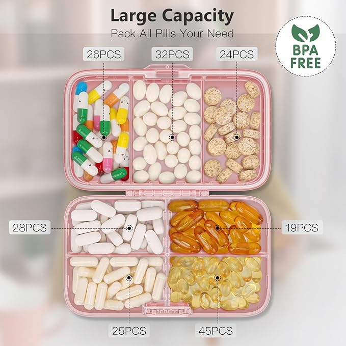 FYY Weekly Pill Organizer with Labels,8 Compartments Travel Daily Pill Case Airtight Moistureproof Large Pill Box to Hold Vitamins, Fish Oil, Supplements,Cotton Swab and Bandages-Pink