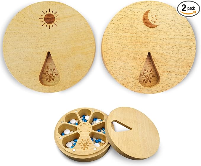 AM&PM Set of 2 Wood Weekly Pill Organizer for Medicine Vitamin 2 Times a Day,Arthritis Friendly 7-Day Pill Box Medium Compartments Holder,Daily Portable Travel Pill Case with Velvet Bag
