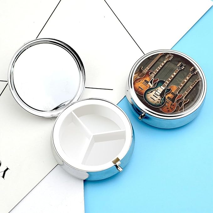 Guitars Art Pill Box 3 Compartment Small, Personalized Pill Organizer with Mirror, Portable Pill Case for Pocket Or Purse, Round Pill Containe Travel Gifts, Pill Holder