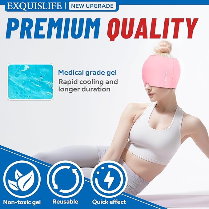 EXQUISLIFE Migraine Ice Head Wrap Cap Headache Relief Hat Hot and Cold Therapy Eyes Mask for Sinus Tension and Stress Relief (Pink)