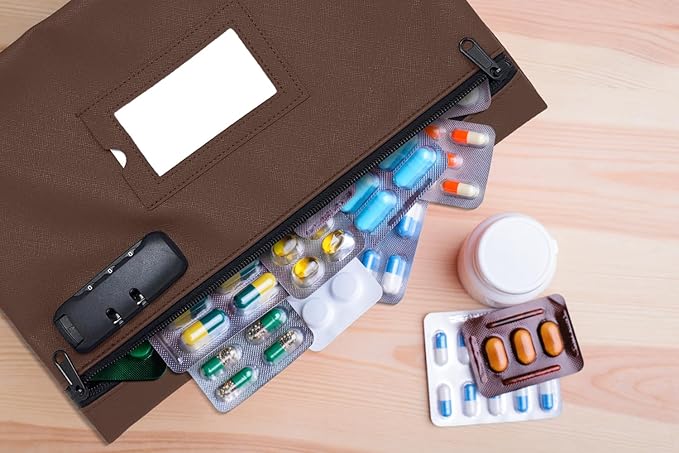 Medicine Bag with Lock | 12x8 Inch Med Bag | Medication Bag for Traveling | Small Pills Organizer (Dark Brown)