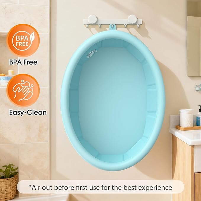Baby Bathtub with Inflatable Top Edge, Extra Stable Infant Bath Tub, Collapsible & Portable for Baby Bath Time, No Tilt Design for 12M-6Y Toddler, No Assembly for Travel Shower