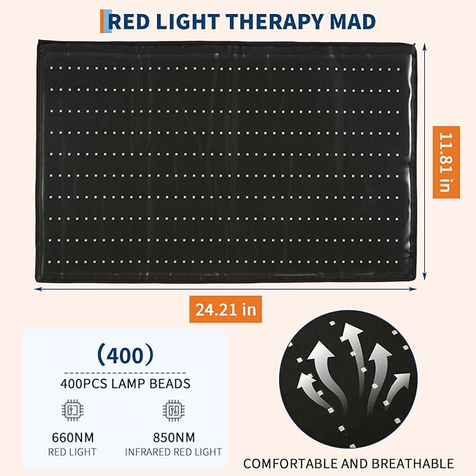 Red Light Therapy Mat 97x60cm, 400 LEDs Red Infrared Light Therapy Pad for Full Body, Home Use for Pain Relief, Muscle Recovery, Skin Rejuvenation, Portable & Foldable Design