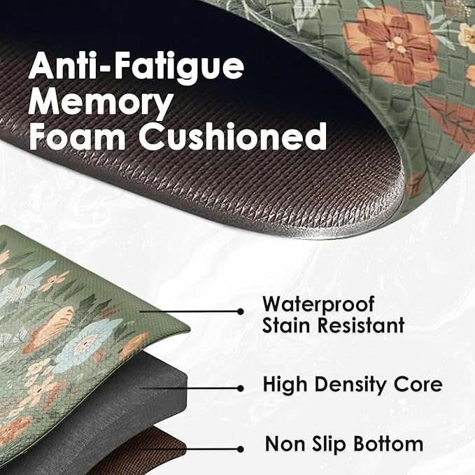 Arttown Kitchen Mats for Floor 2Pcs-Anti Fatigue Non Slip Mats for Kitchen Floor, Cushioned Waterproof & Stain-Resistant Green Plants Floral Mat Set, Laundry Room, Office, Sink, Desk (Dark Green)