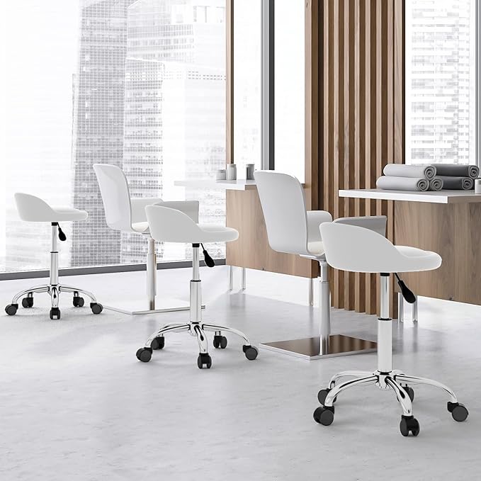 LEMY Rolling Stool Height Adjustable with Back, Swivel Spa Salon Work Office Stools, Task Chair with Wheels, White