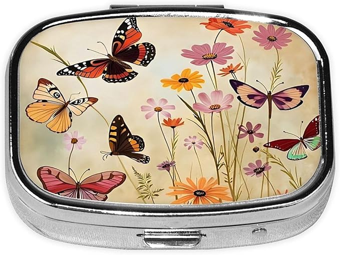 ABLESKY Pill Box, 2 Compartment Pill Organizer Case for Pocket or Purse, Small Portable Metal Travel Medicine Box with Mirror, Daily Vitamins Fish Oil Container-Aesthetic Butterfly Flowers