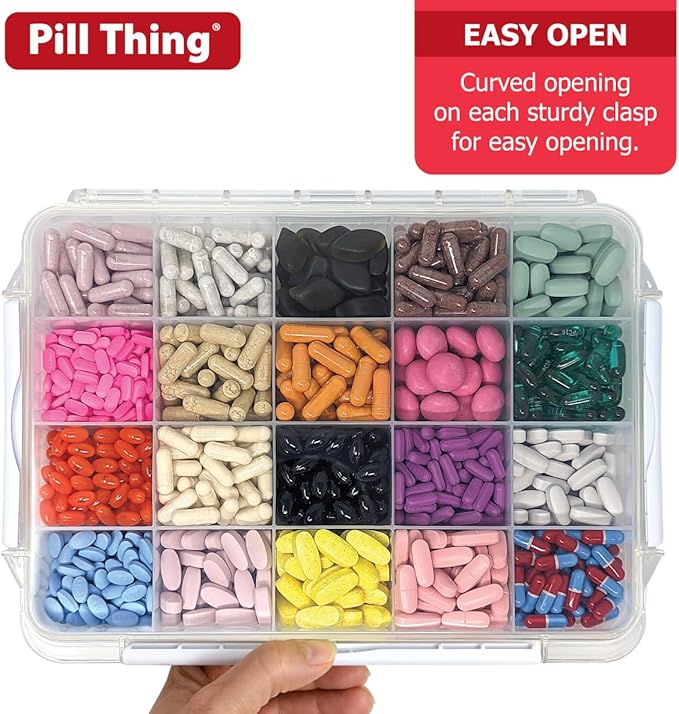 20 Compartment Large Pill Case with Airtight Seal - Silicone Gasket Waterproof Med Box with Medication Map (Clear, 1 Pack)
