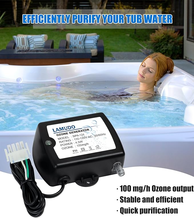Ozone Generator for Hot Tubs, SPA Ozonator with Injector Venturi for Cold Plunge and Swim Spas, Portable Mini Ozone Generator with Check Valve and Tubes(AMP-4 Plug)