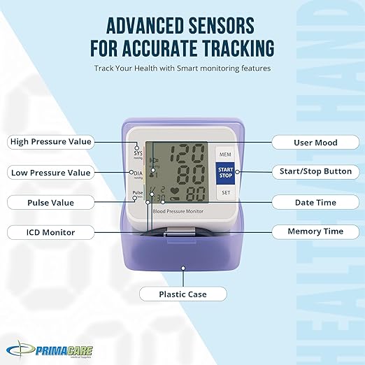 Primacare DS-8006 Wrist Blood Pressure Monitor, Automatic Digital BP Cuff with Irregular Heartbeat Detection, 2 User 180 Memory, LCD Display, Portable Hard Case, Battery Operated
