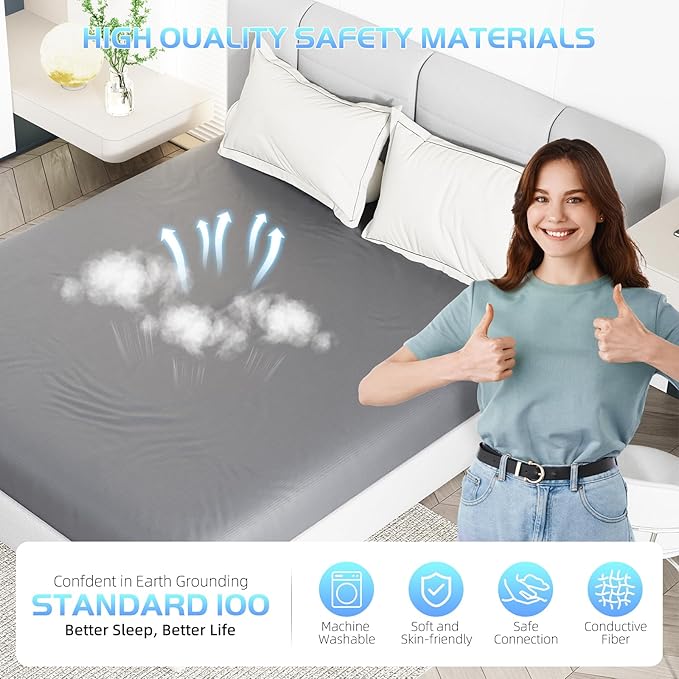 Grounding Sheet, 90% Organic Cotton+10% Pure Silver Organic Fitted Grounded Sheet for Improved Sleep, Earth Connecting Bedding - Healthy Sleep Therapy (Gray, (60.1 * 80 * 15inch))