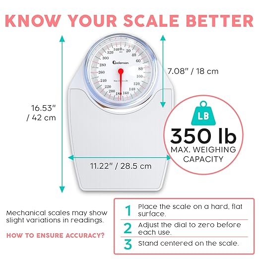 Adamson A24 Scales for Body Weight - Up to 350 LB - New - Anti-Skid Rubber Surface Extra Large Numbers - High Precision Bathroom Scale Analog - Durable with 20-Year Assurance - White
