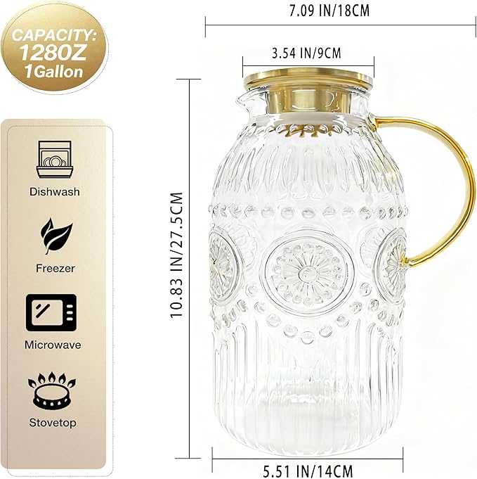 Amzcku Glass Pitcher with Lid, 101 oz/ 3 Liter Vintage Water Pitcher,Water Carafe for Cold Brew, Coffee, Lemonade, Iced Tea,Beverage, Heat Resistant Water Glass Jug 1Pack