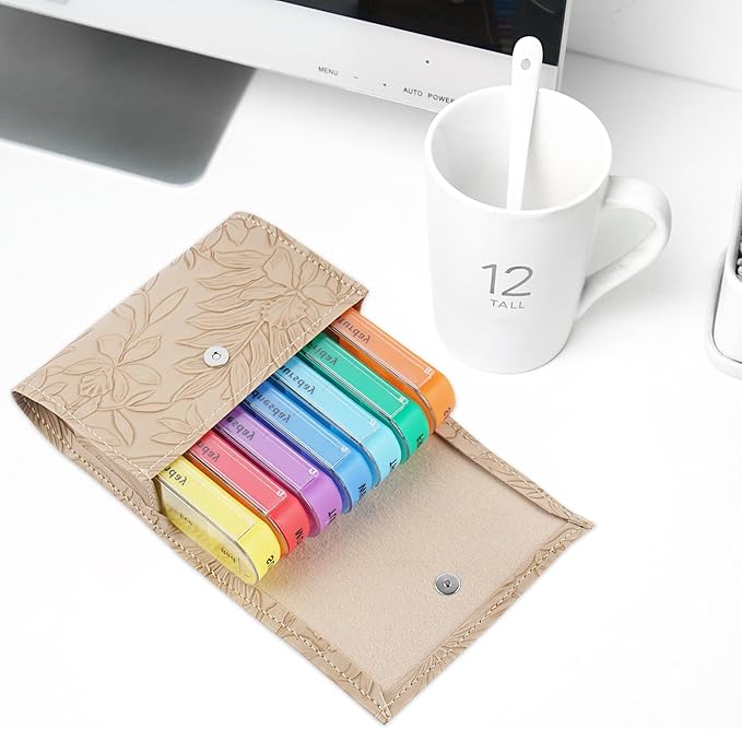 Pill Organizer,LIZIMANDU Weekly Travel Pill Case Box Medication Reminder Daily AM PM, Day Night 7 Compartments,for 4 Times A Day, 7 Days a Week-Includes Leather PU Carrying Case(1-Carved Apricot