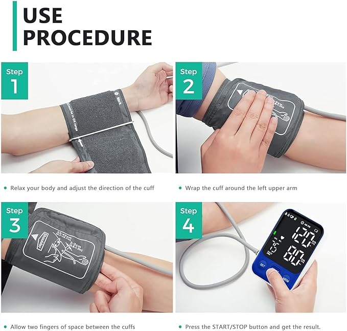 Blood Pressure Monitor Upper Arm Monitors for Home Use BP Machine with 2x120 Reading Memory Adjustable Arm Cuff 8.7"-15.7" Large Display with LED Background Light Storage Bag Navy