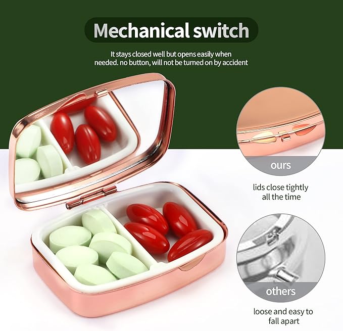 Dynippy Pill Case Pill Box with Mirror Retro Pocket 2 Compartment Medicine Case Vitamin Pill Organizer for Pocket Purse and Travel (Rose Gold - Colorful Flower)