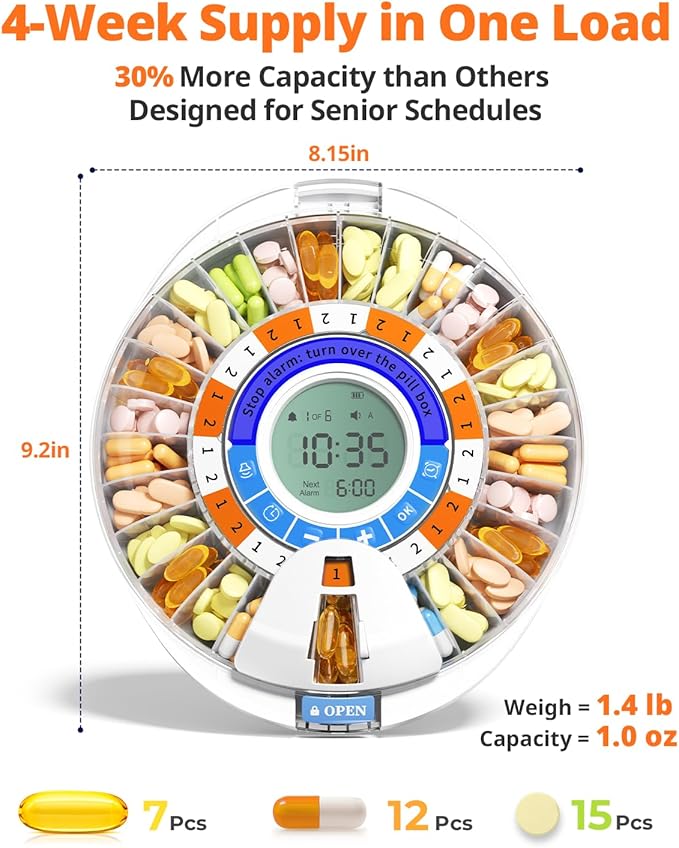 Betife 2nd Gen Automatic Pill Dispenser for Elderly with Alarm – 28 Slots, Key Locked, Alarm & Light Reminder, Mix-Proof, XL Display, 6 Dosage Rings，Easy Setup for Daily Medication （Organizer）