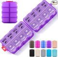 Foldable Weekly Pill Organizer 2 Times a Day with 2 Extra Compartments (Clear Printed Labels) - 7 Day AM PM Medicine Box, Week Daily Travel Pill Case Holder for Vitamin, Supplement - Clear Purple