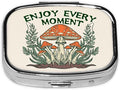 Enjoy Every Moment Magic Mushrooms Forest Metal Iron Plating Square Pill Box 2 Compartment Medicine Pill Case Mini Medicine Vitamin Pillbox Portable Pills Organizer Storage Box for Purse