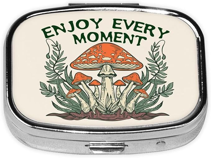 Enjoy Every Moment Magic Mushrooms Forest Metal Iron Plating Square Pill Box 2 Compartment Medicine Pill Case Mini Medicine Vitamin Pillbox Portable Pills Organizer Storage Box for Purse
