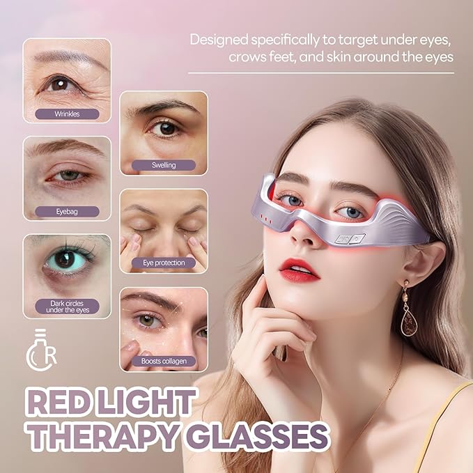 Under Eye Red Light Therapy Glasses – Nutra Light 650nm to Reduce Wrinkles, Rhytides, Eye Bags, Dark Circles & Puffiness, Periorbital Treatment & Eye Protection