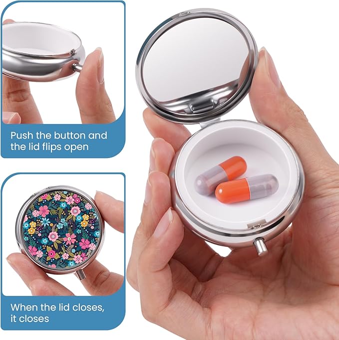 Mini Pill Box, Small Pill Box, Portable Pill Box, Cute Pill Organizer for Vitamins, Medications, Fish Oil and Supplements (Floral)