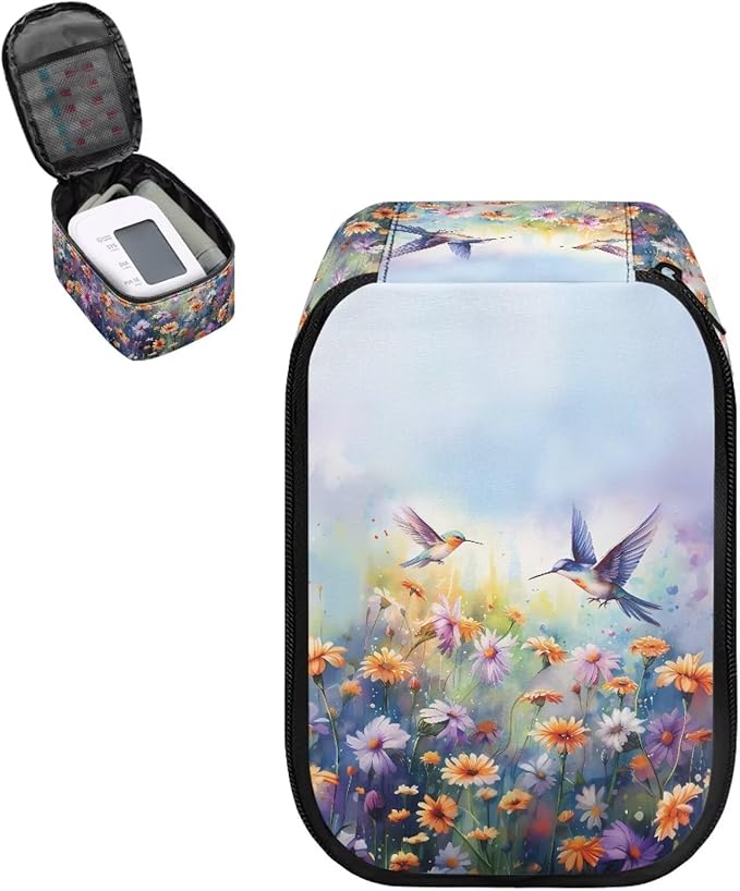 Floral Hummingbird Blood Pressure Monitor Case Universally Compatible Portable Storage Organizer Bag for Blood Pressure Machine Accessories