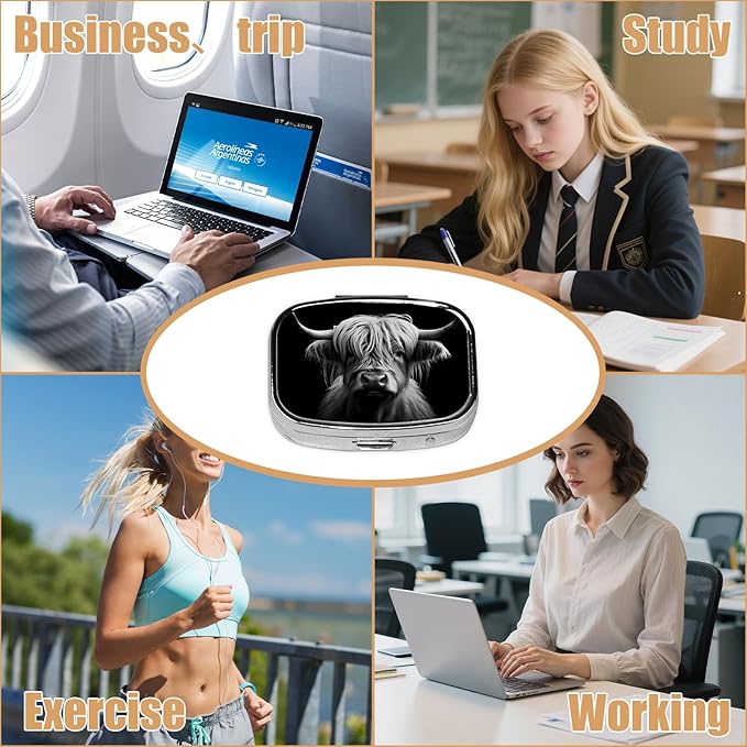 Pill Box-2 Compartment Small Pill Case Square Organizer Case with Mirror Portable Metal Medicine Box Travel Container for Pocket & Purse Women Men(Black Highland Cow)