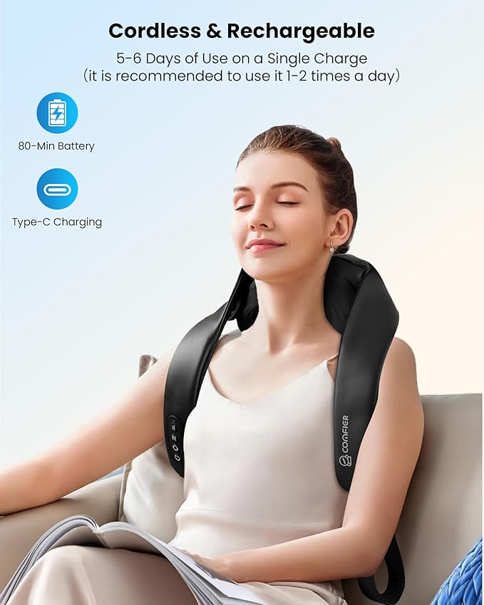 COMFIER Shiatsu Neck Massager with Heat, Cordless Neck and Shoulder Massager for Pain Relief Deep Tissue, Graphene Heating, 4D Kneading Massage Pillow -Black