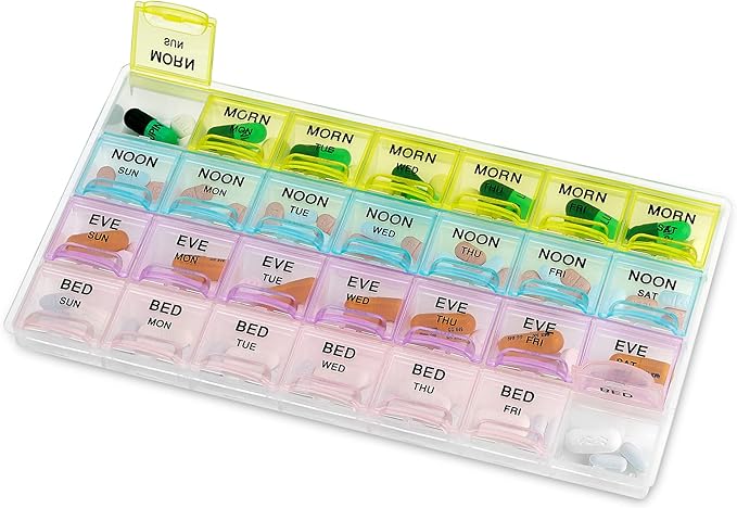 Pill Organizer - Large Pill Organizer with Weekly and Daily 4-Times-A-Day Compartments for Morning, Noon, Evening, Night - BPA-Free, Portable and Travel Friendly Pill Boxes Case