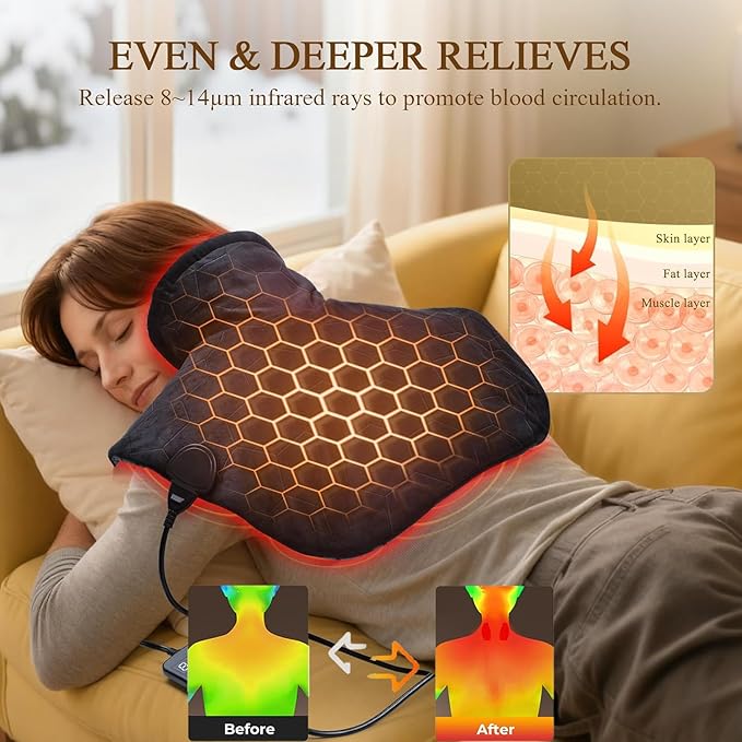 Far Infrared Heating Pad for Neck and Shoulders – 2X Carbon Fiber 6X Deeper Heat for Fast Relief from Chronic Pain in Seniors – 8 Heat Levels, 4H Auto Shut Off, Ideal for Winter (Black)