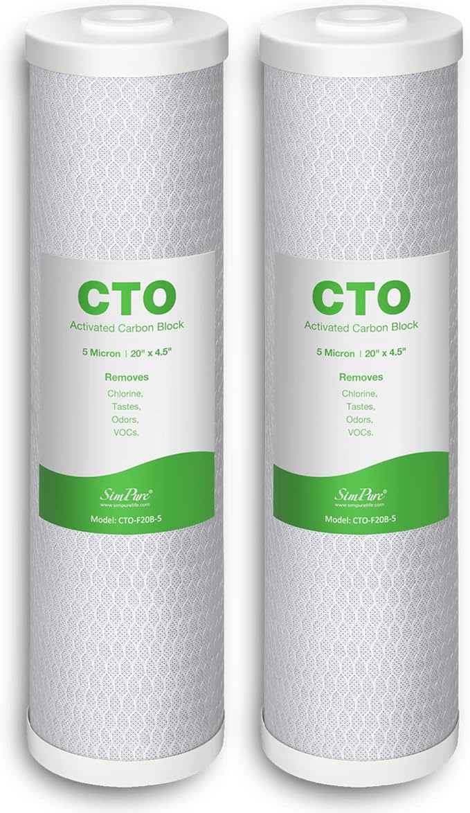 SimPure Whole House Water Filter Cartridges 5 Micron 20" x 4.5" CTO Activated Carbon Block, For DB20P, FC25B, CTO20BB, WHB20, 2 Pack