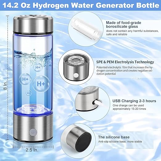 Hydrogen Water Generator Bottle, 14 Oz Portable Hydrogen Water Bottle with SPE and PEM Technology, Rechargeable Portable Glass Hydrogen Rich Water Generator Bottle Silver Color