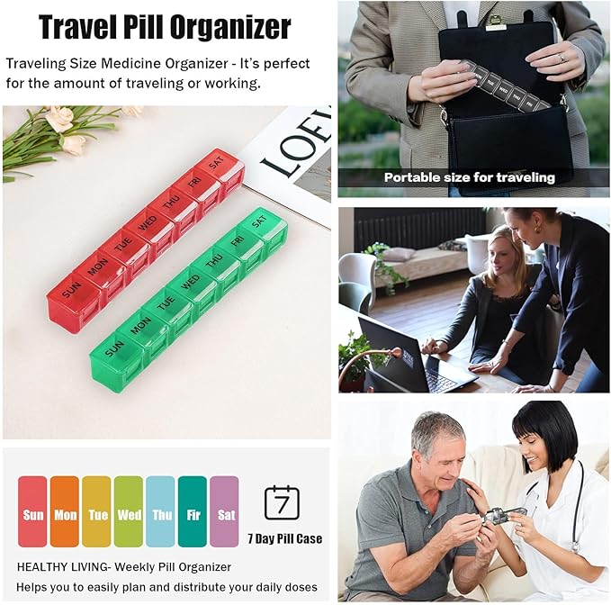 2 Pack Weekly Pill Organizer, Large 7 Day Pill Case, Daily Vitamin Case Medicine Box, AM/PM Pill Containers for Medicine Supplements Fish Oil (Red & Green)