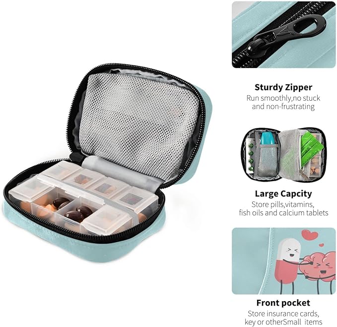 Happy Pills Pill Box 7 Day Pill Case Bag Travel Pill Organizer Bag with Zipper Weekly Case Portable Compact Size for Vitamin Supplement Holder