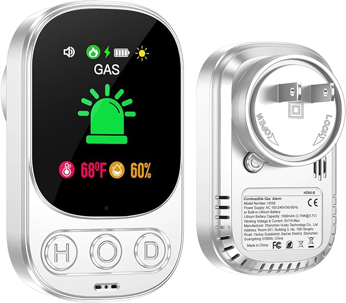 Plug in Natural Gas Detector with Backup Battery Combustible Gas Detector for Fuel Gas Liquefied Gas LPG LNG Methane Ethane Propane Butane, for Home Kitchen Travel, 1 Pack, White