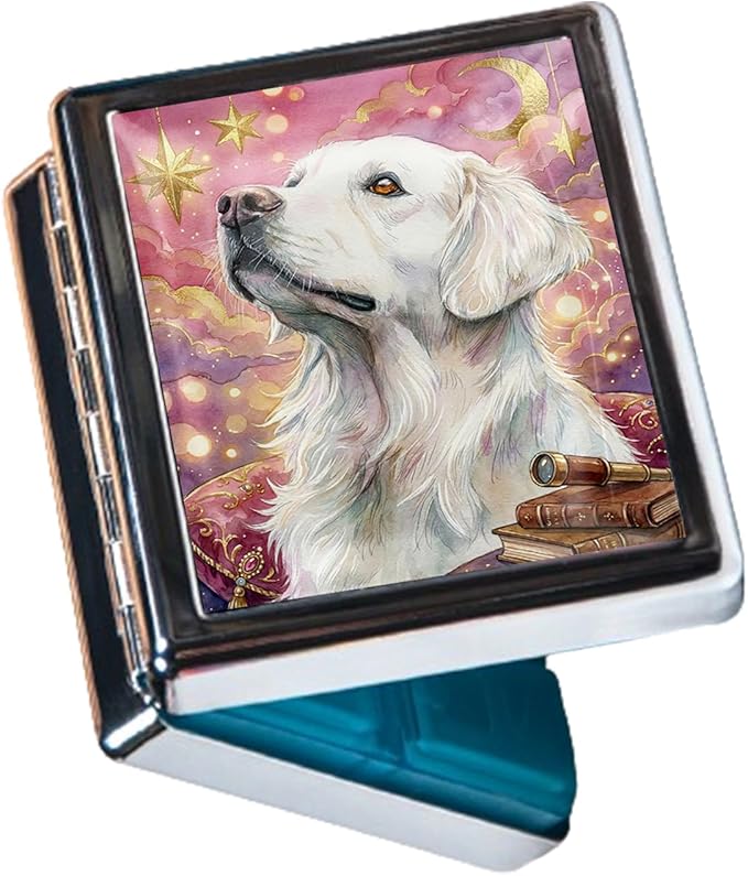 Metal 7 Day Pill Organizer, Weekly Pill Case 8 Compartments, Travel Pill Box for Purse & Pocket, Small Medicine & Vitamin Organizer, PP Dividers, Secure Clasp (Golden Retriever)