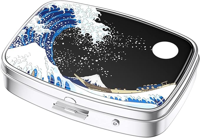 Nipichsha Pill Box, Small Pill Case for Purse & Pocket, Cute Travel Medicine Organizer, Portable Medicine Container Holder to Hold Vitamins, Medication, Fish Oil & Supplements, Japanese Wave