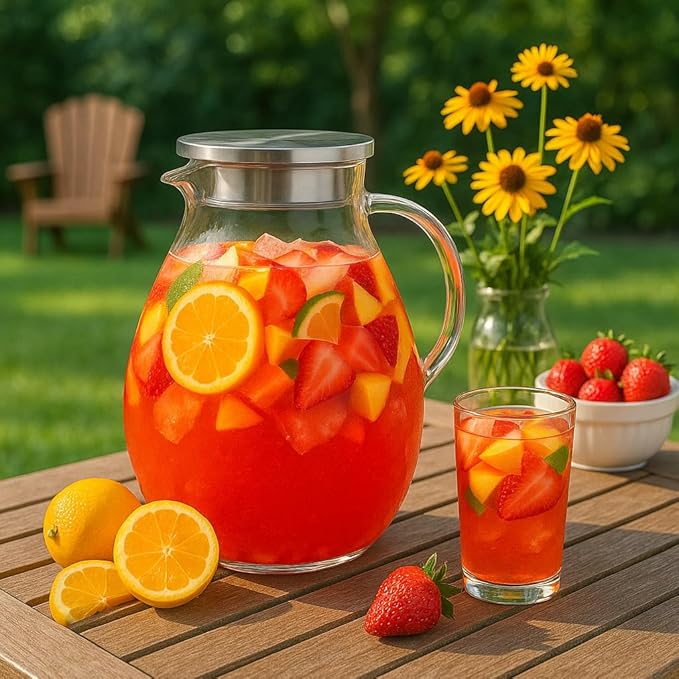 2.5L Extra Large Glass Pitcher Water Jug with Lid – Ideal for Lemonade, Iced Tea, or Fruit Punch, Perfect for BBQ, Picnic, and Family Gathering