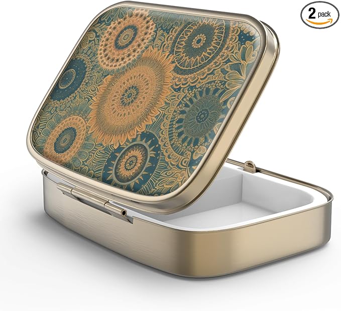 Pill Case Pill Box with Mirror Retro 2 Compartment Small Pill Case for Purse or Pocket Bronze Rectangular Pill Box or Vitamins, Fish Oil, Supplements, Pill Containe Travel Gifts（Retro Mandala）
