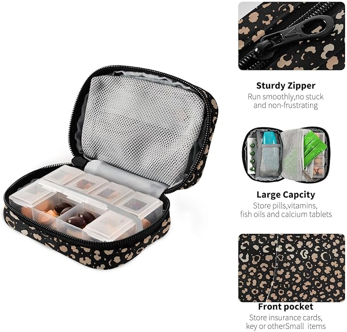 ALAZA Leopard Spot on Black Pill Case 7 Day Weekly Medicine Organizer Travel Portable Compact Pill Box Holding Vitamins Supplements Fish Oil